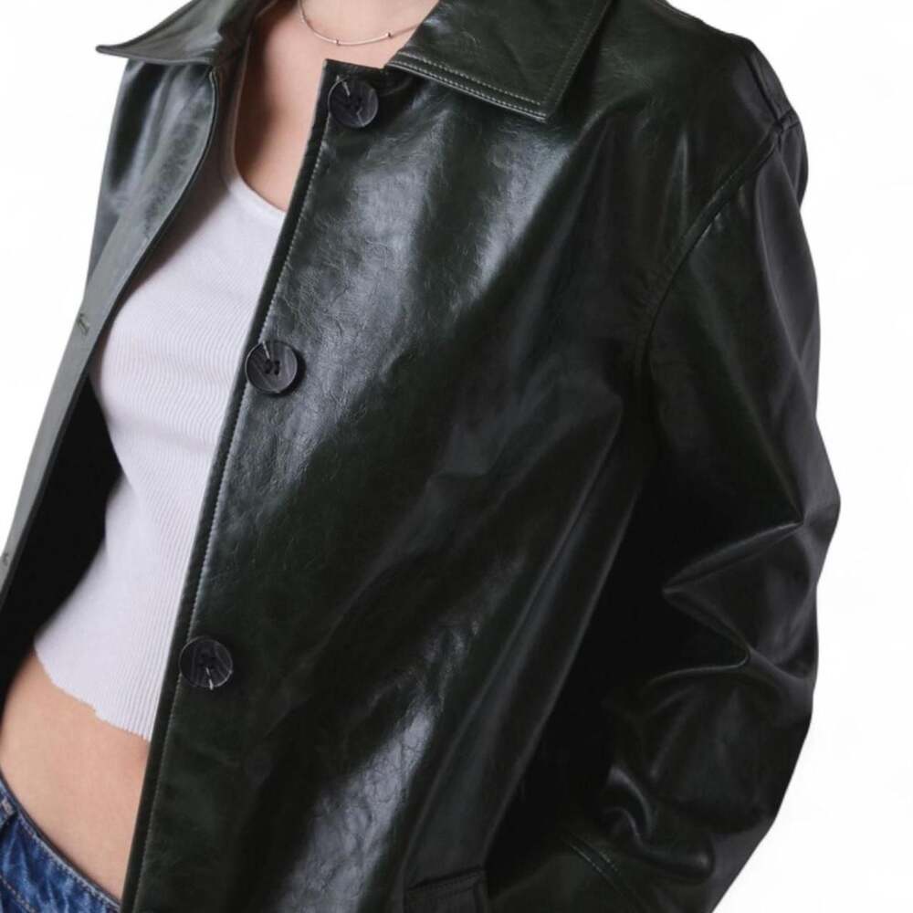 Urban Outfitters Jojo Faux Leather Trench Coat Small Dark Green - Picture 2 of 5